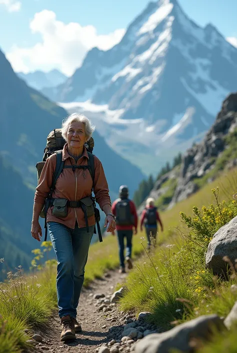 woman, 60 years, on the mountains, travels with his friends