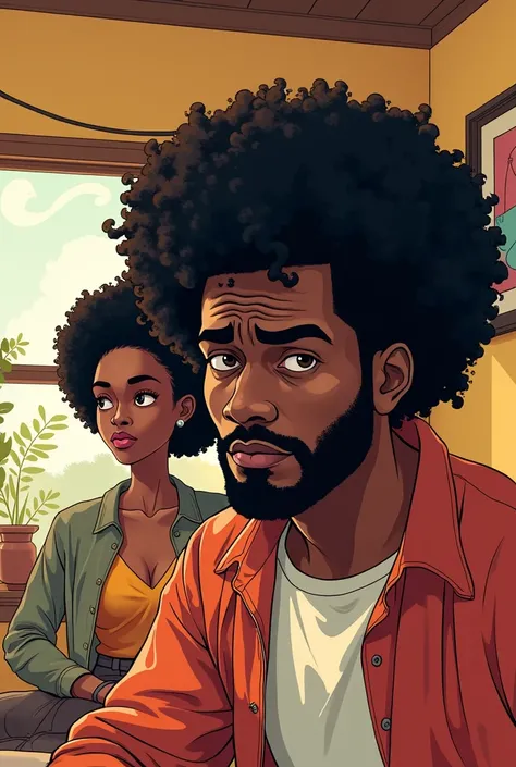 Make a black guy with a tired afro and a woman in a house(comic style)