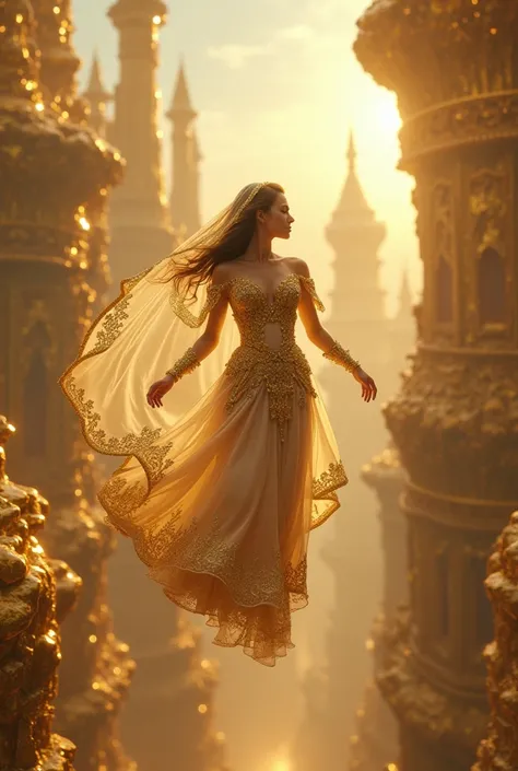 City of gold and crystals with the forest of gold and crystals floating in the air with a bride dressed in Jewish clothing flying towards the city 