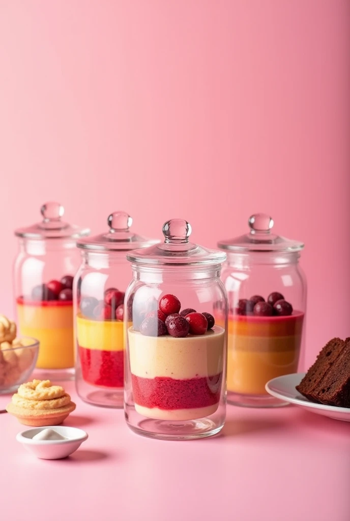 Create an image with a pink background with the name sold out cakes in a jar with the names in Portuguese only the names