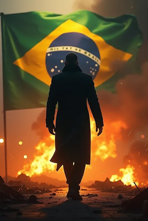 Man in black walking in front of the Brazilian flag and the city on fire behind 