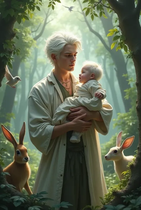 Create a white haired one that is , but make him look 21 but not so strong  "youthful appearance" 2 and a great physicist holding a baby and with animals in the background with a mystical aura of nature around them