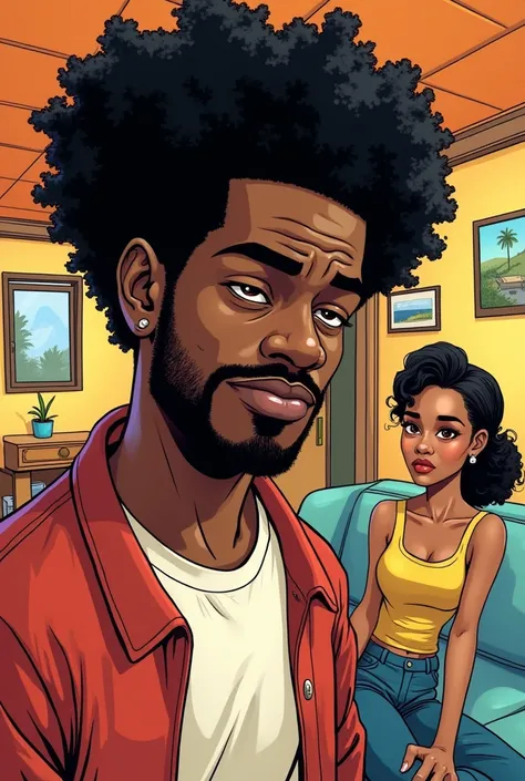 Make a black guy with a tired afro and a woman in a house(comic style)