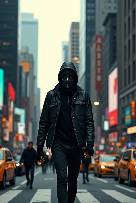 Masked American walking on New York street  