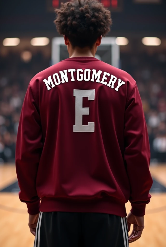 Create a Burgundy and Black Basketball School Sweatshirt, with the name Montgomery on the back and an E on the front