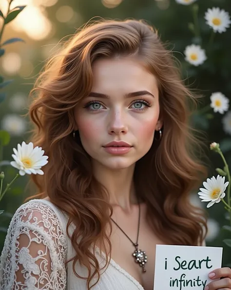 Beautiful girl with wavy long hair, bohemian dress, holding a white board with text "I Love Seaart Infinity" and showing it to the viewer