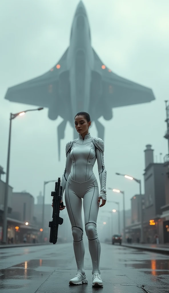  armed female figure in a white sci-fi suit, at the spaceport, against the background of a sci-fi ship taking off, overcast, third-person view from below, lots of fine detail, sci-fi movie style, photography, natural textures, natural blur, photorealism, c...