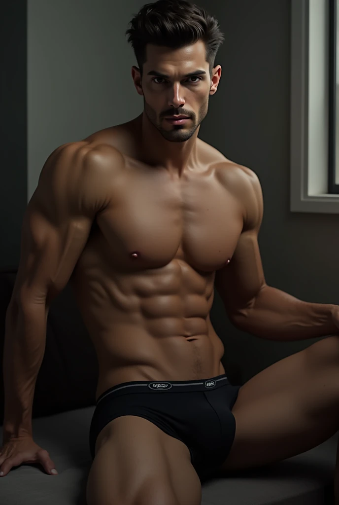 A sexy handsome man wearing underwear sitting in