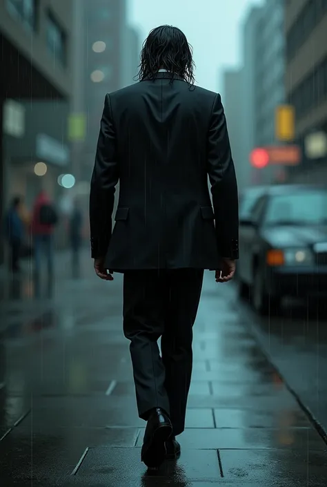 a man with his long hair in black suit walking in heavy rain 