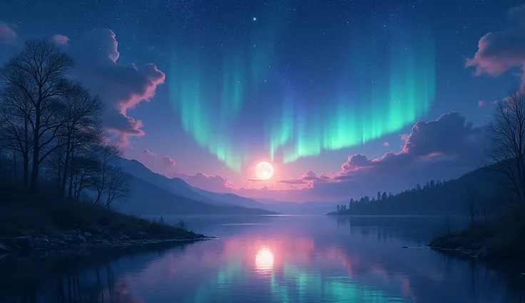 “A serene night sky filled with countless twinkling stars and a bright full moon, casting a soft glow over the landscape. A stunning, colorful aurora dances gracefully across the sky, its vibrant hues reflecting beautifully on the calm surface of a lake be...