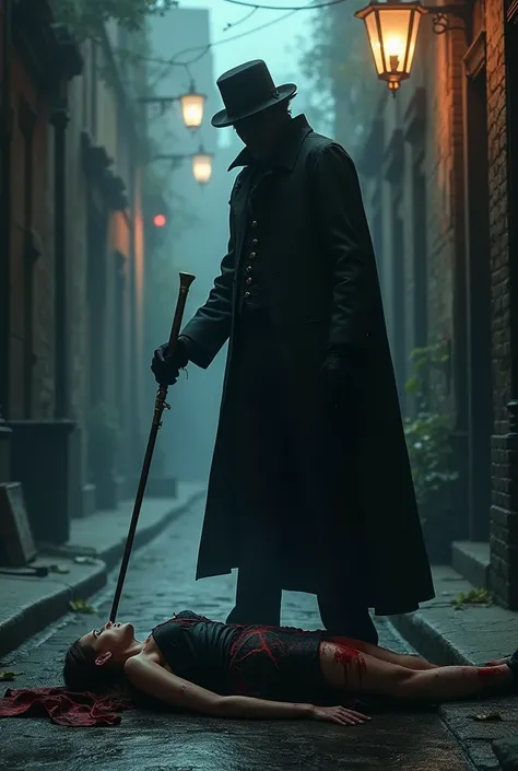 Create me an image where you can see Jack the Ripper, that he has his cane at hand and in the background the  of a dead woman 
