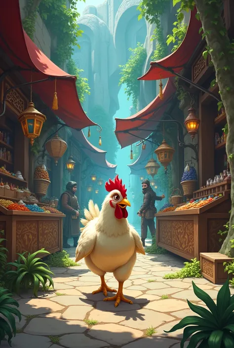 a chicken walking happily in a market in an underground city. In the background a merchant&#39;s stall. landscape format. Style pathfinder.
