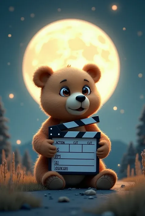 cute bear sitting in front of the moon holding a professional cinema clapperboard