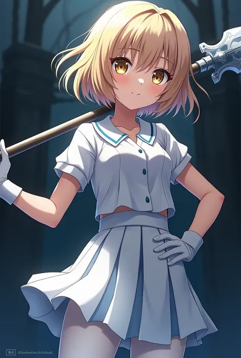 Blonde anime girl，White short-sleeved school uniform，White pleated skirt，white pantyhose，White gloves，Holding a huge magic spear in his right hand，In the dark