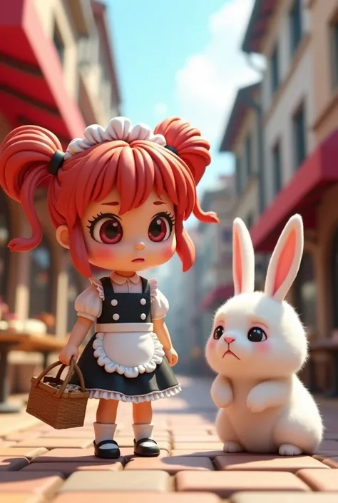 Ultra HD3dCGアート、Draw a realistic clayroid of a girl and a rabbit in 3d、 Alone(Super Chibi Style: 1.3 ) A girl is shopping。The girl has red hair in twin tails、Maid hair ornament on head、Red eyes、She&#39;s wearing a cute frilly maid outfit.、(Holding a shoppi...