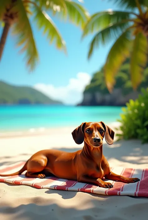 Dachshund sunbathing on vacation in the Caribbean islands