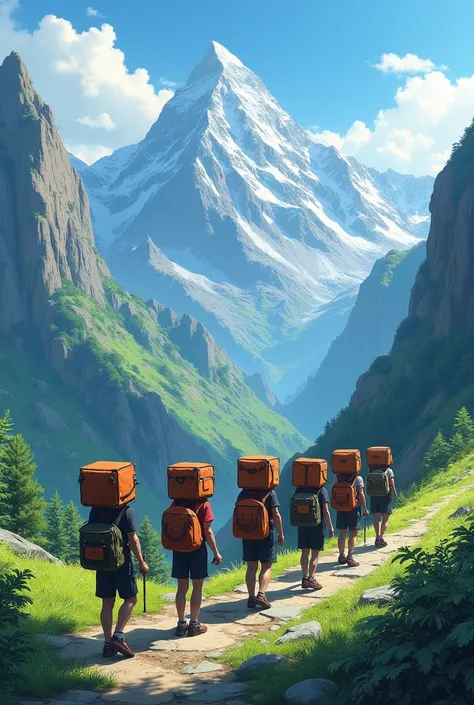 Several people with 4 square bags in their hands in the mountains in a row 