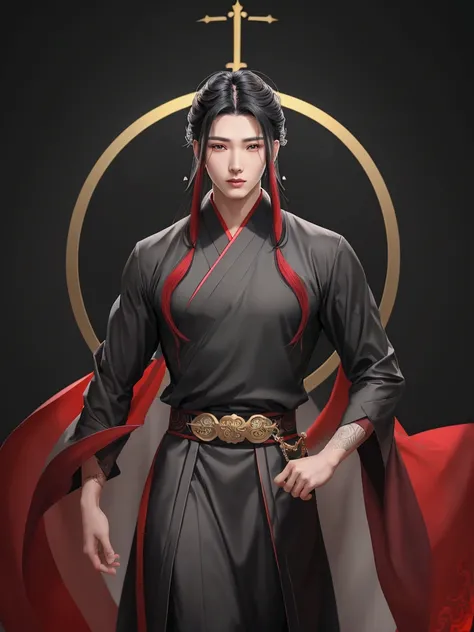 divine guy asian handsome face , Black Hanfu with Red Lines , costs  , hair black long straight  ,full height High resolution, realistically , costs рядом с садом алых роз 