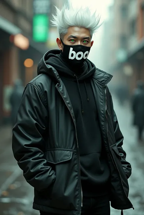 Asian man, pale skin, toxic green eyes, white hair with black roots, toned physique, wears a black face mask with the word “boo” in white, wears black and white street wear with a lot of straps