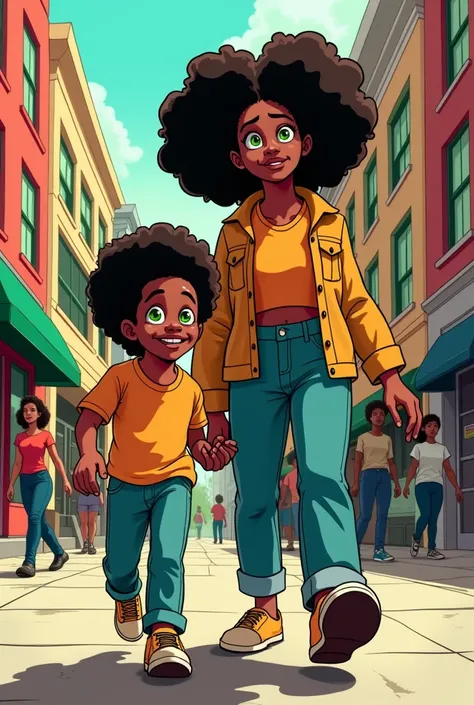 Black boy with afro walking home with a big lady with green eyes in comic style