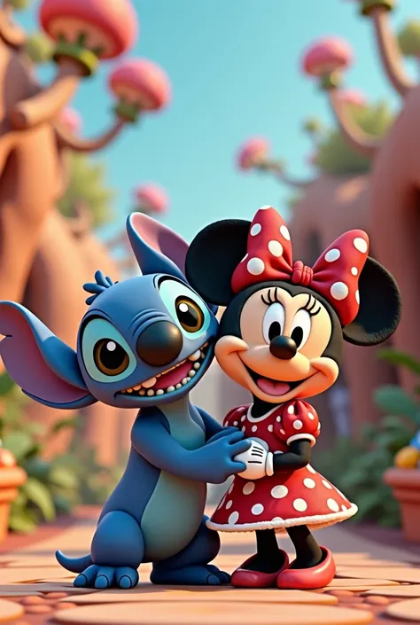 Crée une image 3d avec Stitch Disney et Minnie Disney et   NAOMIE     ELINA en prénom 3d