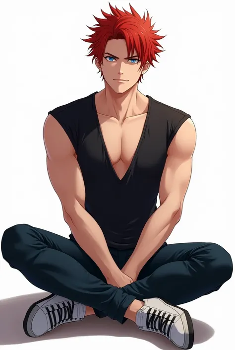 Anime young handsome slightly rude man with fair skin, blue eyes, fiery red, athletically built, in a tight-fitting dark sleeveless T-shirt with a deep slit on the chest, in short shorts sitting on the floor on a white background