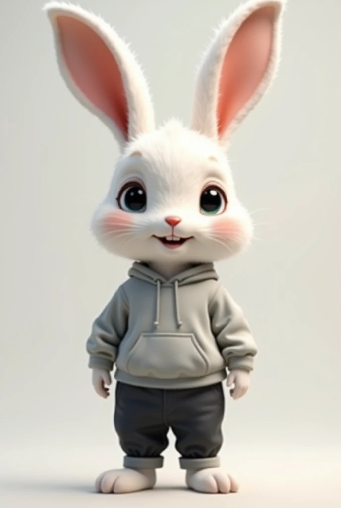 Anthropomorphic white rabbit wearing a sweatshirt and black pants