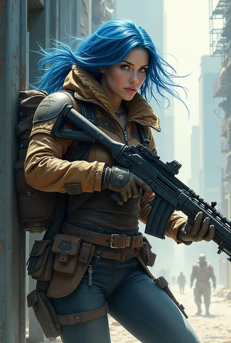 The watercolor work depicts a full-length future warrior, styled by illustrator Robert McGuinness. Dressed in leather with some wear, she sports blue hair. She holds a massive advanced rifle, looking around with fear and wide eyes as she appears from the s...