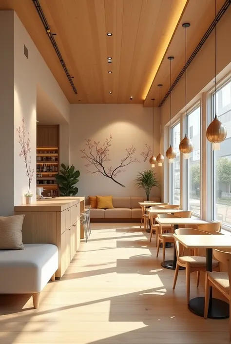 Design the interior of a modern Korean cafe named K-AFE. The space should be clean, bright, and inviting, with a mix of light wood textures, minimalist furniture, and large windows for natural lighting. Add modern elements like sleek lighting fixtures and ...