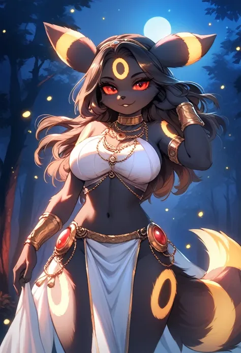 score_9, score_8_up, score_7_up, source_furry, rating_safe, 1girl,anthro, umbreon, black body fur, gold markings, pokemon, red eyes, fluffy fur, at night, moonlight, forest, detailed background, best quality, clothing, 1 tail, voluptuous, tall, large breas...