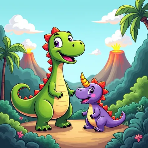 "Create a colorful, cartoon-style illustration of two dinosaurs interacting in a playful, friendly scene. The first dinosaur is a large, happy green T-Rex with big, expressive eyes, a wide smile, and tiny arms. The second dinosaur is a smaller, cute purple...