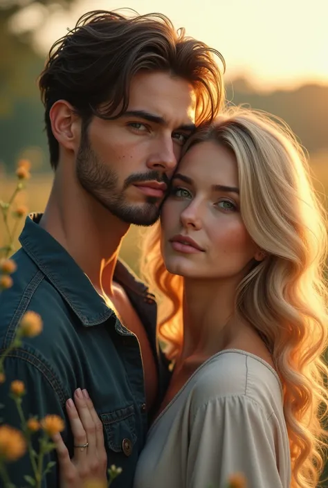 a couple, a man and a woman, she blonde, he brunette, outdoor, (masterpiece:1.2), Best Quality, Masterpiece, hight resolution, Original, extremely detailed wallpaper, perfect lighting,(extremely detailed CGI:1.2)