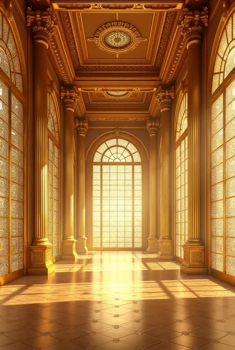 A golden palace hallway with 99 large windows , 98 windows filled with diamonds glass