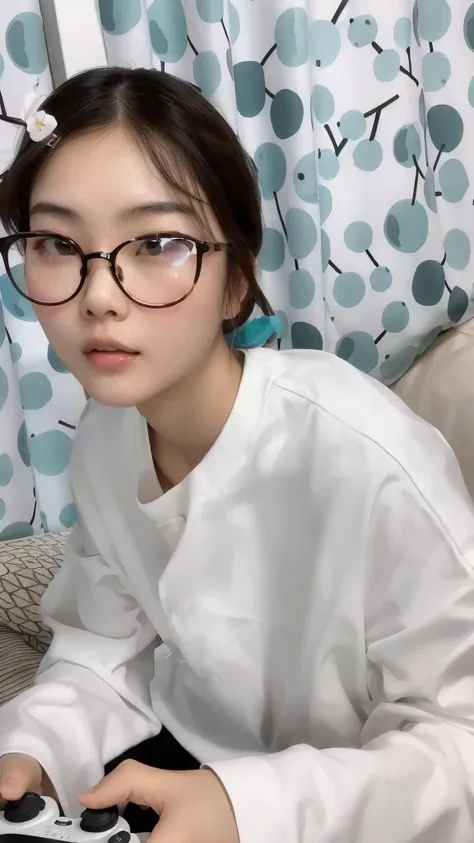 there is a girl wearing glasses and a white shirt holding a controller, with glasses, thick glasses, wearing thin large round glasses, wan adorable chinese face, wan adorable korean face, young cute wan asian face, with glasses on, young and cute girl, big...