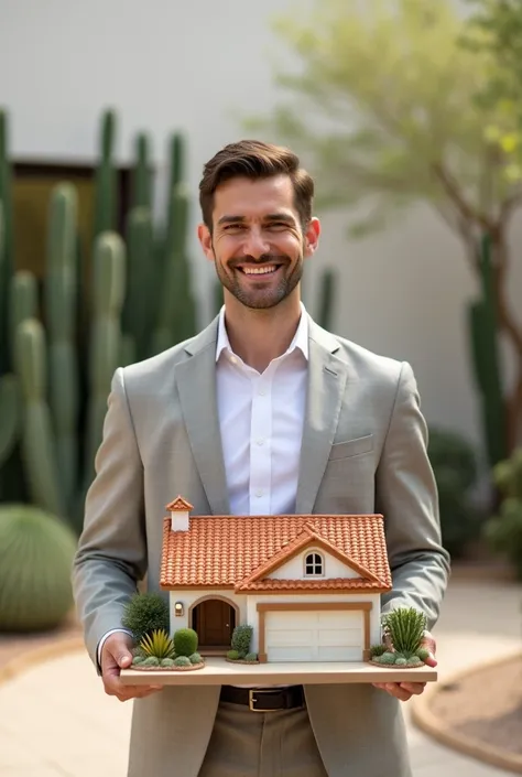 A sharp, high-contrast professional photo of a confident male real estate agent, likely in his mid-30s, with a warm, approachable smile, standing in a well-lit open space, holding a meticulously crafted scale model of a stunning Californian-style house wit...