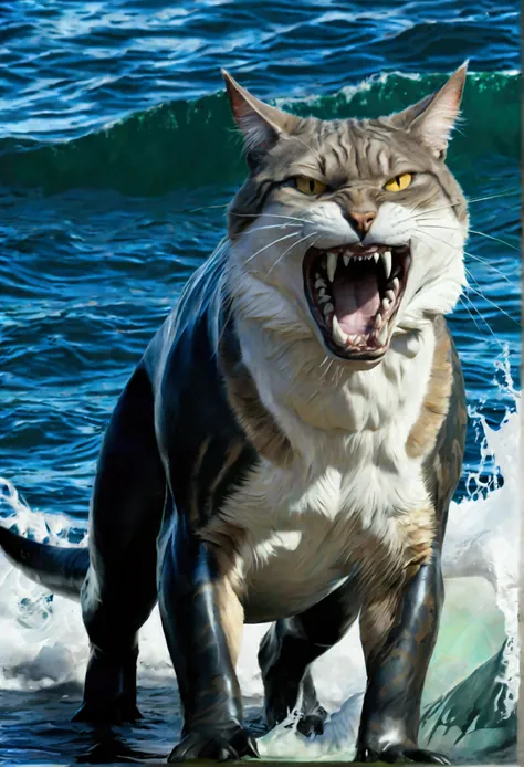 [1] A fighter bodybuilder cat with rippling muscles, adorned in battle scars, engaged in a ferocious fight with a massive shark in the turbulent sea.

[2] The cat, fur slicked with seawater, stands upright with its claws out, eyes glowing with fierce deter...