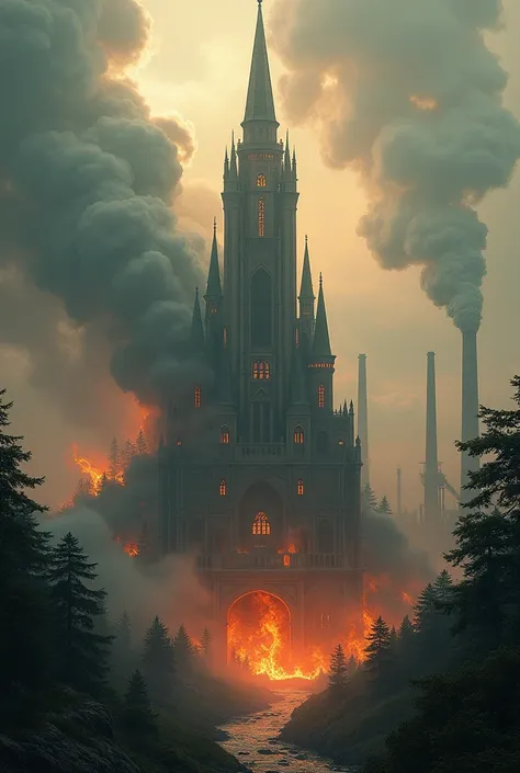 A princess tower in the middle of the forest, where the forest is burning and factories around it are polluting the forest 