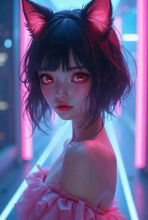 Light, vibrant, beautiful woman, aesthetic , anime, fantasy , neonlight, album, cat ear