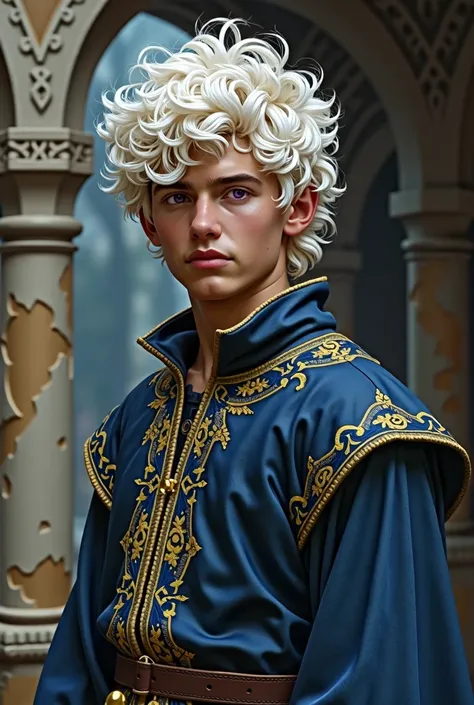 Man (20 years old), white curly hair, purple eyes, medieval clothes, based on the "A Song of Ice and Fire" franchise by writer and screenwriter George RR Martin 