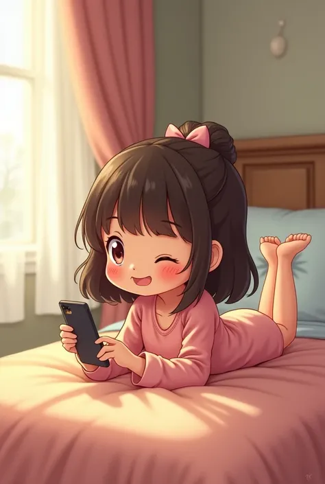 A cute girl avatar who’s on bed, lying on her abdomen in bed, kicking her feet in the air and texting her bf