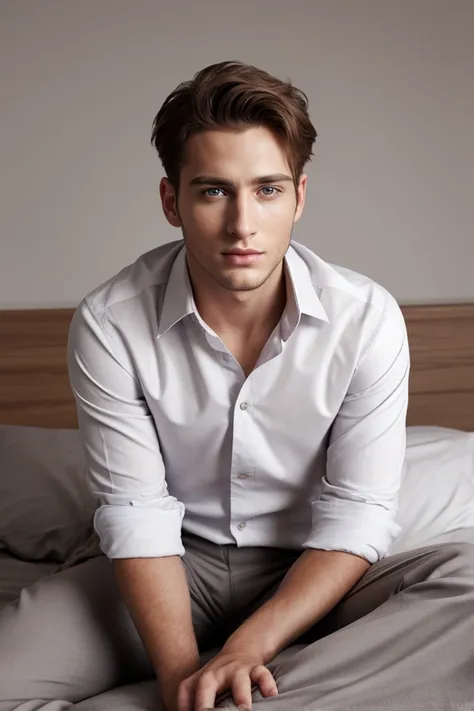 (photorealism:1.2), Young handsome man, sitting on bed, dress shirt 
