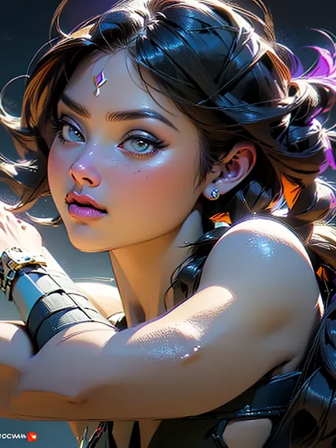 retrato altamente detalhado de one mulher tatuada, with a mini dress, one , por Atey Ghailan, por Greg Rutkowski, by greg tocchini, por James Gillard, por Joe Fenton, by Kaethe Butcher, voluptuous, super detailed face, wide curvy, highly detailed accentuat...