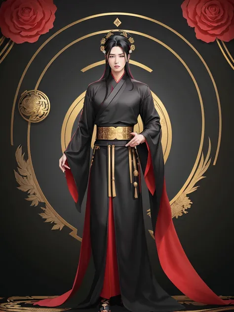 divine guy asian handsome face , Black Hanfu with Red Rose Designs , costs  , hair black long straight  ,full height High resolution, realistically , costs с мечом ,majestic ,with gold accessories 