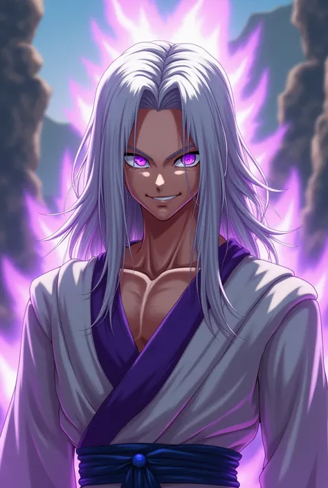 Dragon ball, male, long straight hair, white hair, lilac eyes, smiling