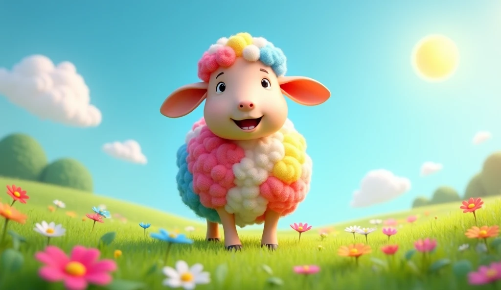 3D generate image prompt animation""A cheerful rainbow-colored sheep standing in a bright, colorful meadow. The sheeps wool is vibrant with shades of red, blue, white, and other bright colors. The sun is shining, and there are a few fluffy clouds in the sk...