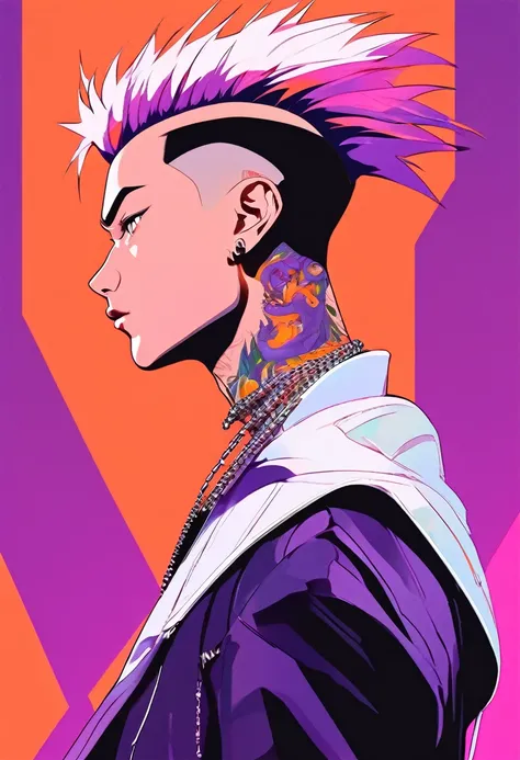 ((illustrator)), flat color, anime style, sketch, 1 white man, shiny lip, jersey wear, order, very modern stylish asymmetry mohawk hair, purple ((gradient)) background, neon orange hair, textured crop, (masterpiece, best quality), portrait, ((dynamic angle...