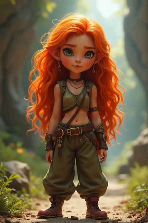 Dwarf teenager with long red hair wearing a top and wide pants 