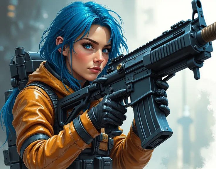 The watercolor work depicts a full-length future warrior, styled by illustrator Robert McGuinness. Dressed in leather with some wear, she sports blue hair. She holds a massive advanced rifle, looking around with fear and wide eyes as she appears from the s...