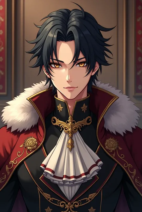 Noble clothes fair and handsome anime black hair but similar dress write "The Machiavellian Monarch"
