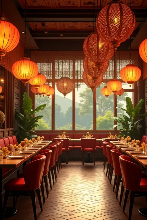 recreates the interior of an Indonesian restaurant with warm colors, large decorative lights and several chairs with separate tables for each diner, with the tables spread throughout the room, not in a linear fashion


